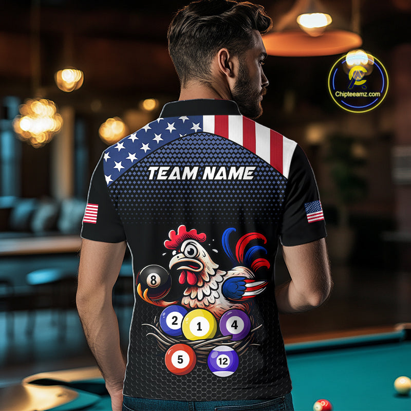 Custom Funny American Flag Chicken Billiard Shirt for Men Billiard Jersey Polo & Quarter-Zip Pool Shirt BHT28
