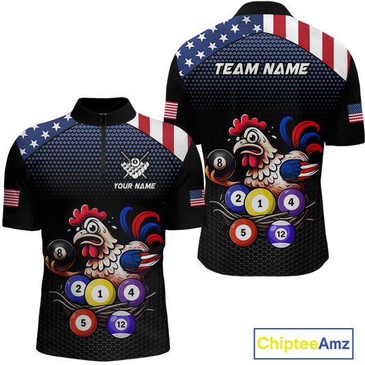 Custom Funny American Flag Chicken Billiard Shirt for Men Billiard Jersey Polo & Quarter-Zip Pool Shirt BHT28