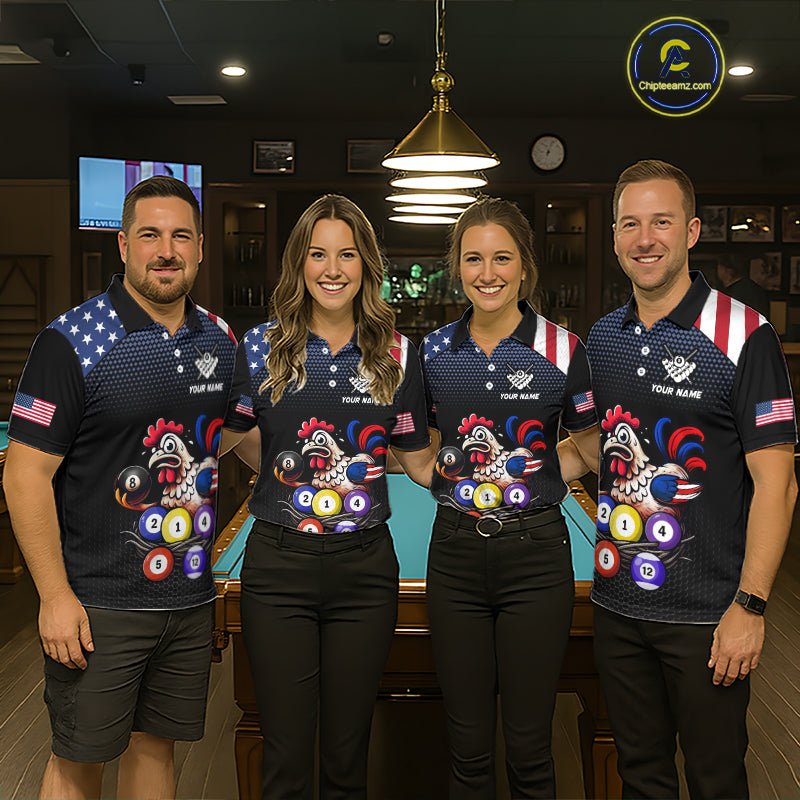 Custom Funny American Flag Chicken Billiard Shirt for Women Billiard Jersey Polo & Quarter-Zip Pool Shirt BHT28