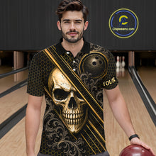 Load image into Gallery viewer, Man wearing custom black &amp; gold skull crown bowling polo shirt, front view mockup, personalized bowling league jersey.