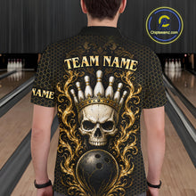 Load image into Gallery viewer, Man wearing custom black &amp; gold skull crown bowling polo shirt, back view mockup, personalized bowling league jersey.