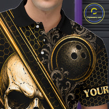 Load image into Gallery viewer, Close-up collar view of custom black &amp; gold skull crown  bowling polo shirt with personalized name detail.