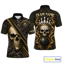 Load image into Gallery viewer, Custom black &amp; gold skull crown bowling polo shirt, front and back views, bowling league jersey for men