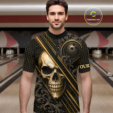 Load image into Gallery viewer, Man wearing custom black and gold skull crown bowling 1/4 zip shirt, front view mockup, personalized bowling league jersey.