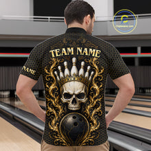 Load image into Gallery viewer, Man wearing custom black and gold skull crown bowling 1/4 zip shirt, back view mockup, personalized bowling league jersey.