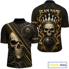Load image into Gallery viewer, Custom black &amp; gold skull crown bowling quarter-zip shirt, front and back views, bowling league jersey for men