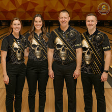 Load image into Gallery viewer, Bowling team wearing custom black &amp; gold skull crown bowling shirts, group front view mockup, personalized team jerseys.