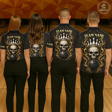 Load image into Gallery viewer, Bowling team wearing custom black &amp; gold skull crown bowling shirts, group back view mockup, personalized team jerseys.
