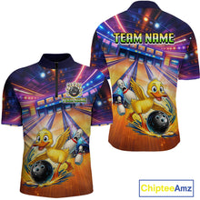 Load image into Gallery viewer, Bowling jersey with cartoon ducks and customizable text on a colorful background