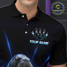 Load image into Gallery viewer, Black polo shirt with bowling design and customizable text, featuring a logo in the corner.