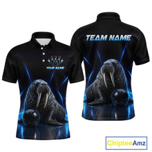 Load image into Gallery viewer, Black polo shirt with walrus design on front and back, customizable text, and Chiptee Amz branding.