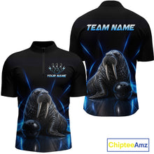 Load image into Gallery viewer, Black polo shirt with walrus design on front and back, customizable text areas, and Chiptee Amz branding.