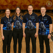 Load image into Gallery viewer, Four people wearing matching polo shirts with a bear graphic on a bowling alley.