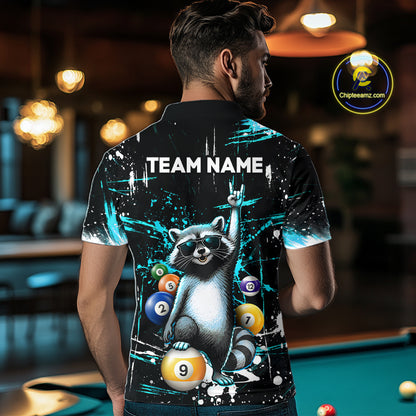 Custom Turquoise Funny Raccoon Billiard Shirt for Men 8 Ball & 9 Ball Pool Billiard Jersey Polo & 1/4-Zip BHT44