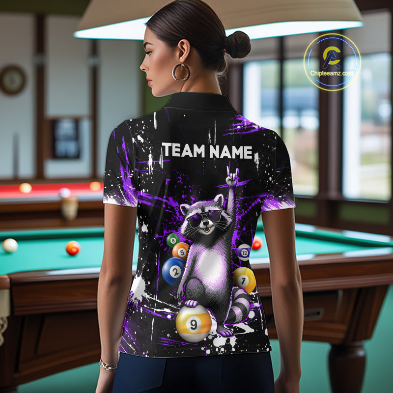 Custom Purple Funny Raccoon Billiard Shirt for Women 8 Ball & 9 Ball Pool Billiard Jersey Polo & 1/4-Zip BHT44