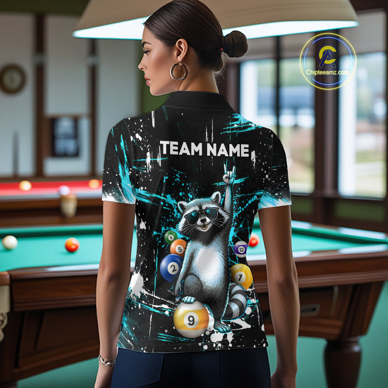 Custom Turquoise Funny Raccoon Billiard Shirt for Women 8 Ball & 9 Ball Pool Billiard Jersey Polo & 1/4-Zip BHT44