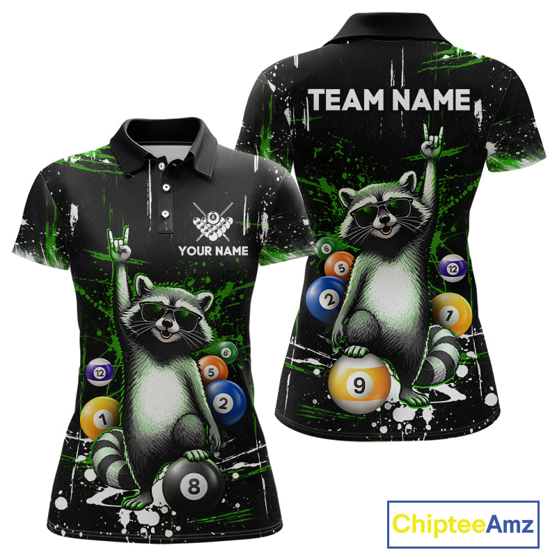 Polo shirt with raccoon design holding pool balls, customizable text, and Chiptee Amz branding.
