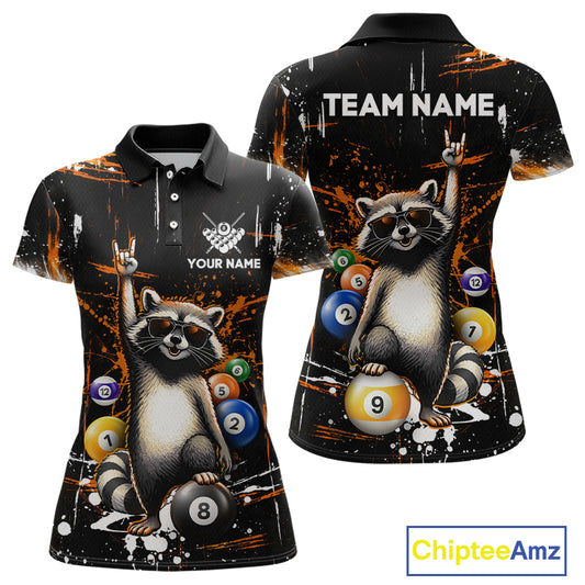 Polo shirt with raccoon design and pool balls, customizable text on a black background.