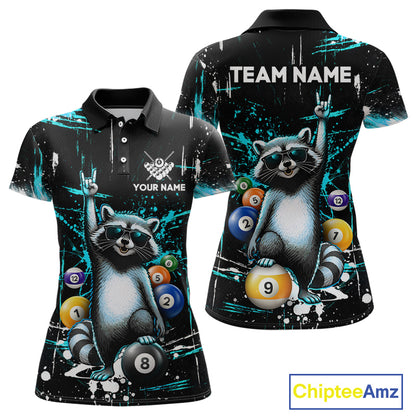 Polo shirt with raccoon design and billiard balls, customizable text on a black background.