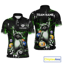 Load image into Gallery viewer, Polo shirt with raccoon design and billiard balls, customizable with 'Your Name' and 'Team Name'.