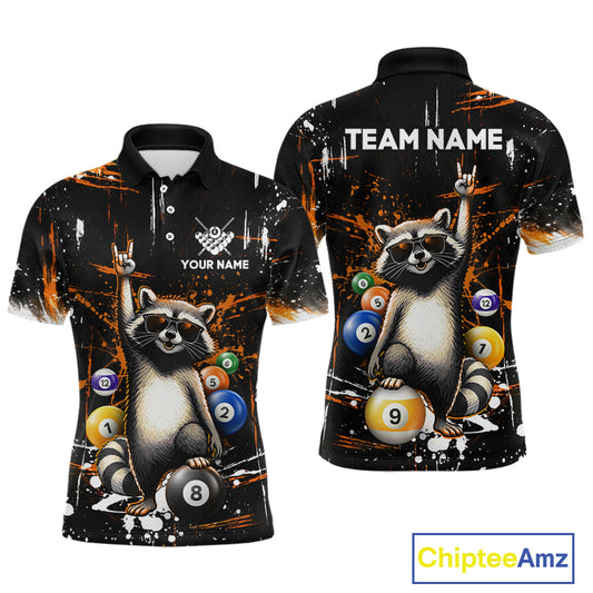 Black polo shirt with raccoon design and billiard balls, customizable text on a white background.
