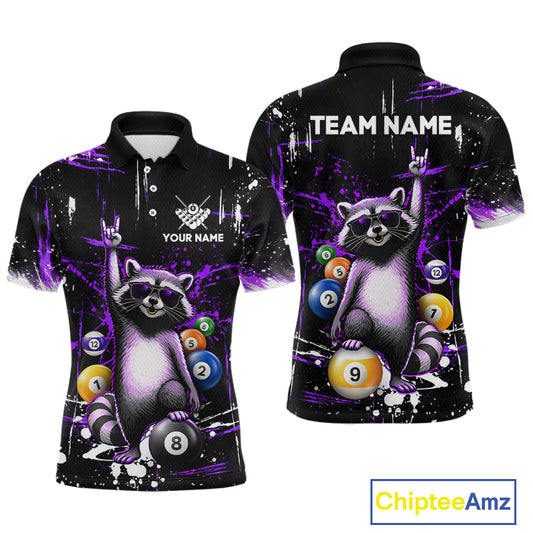 Black and purple  polo shirt with raccoon design and pool balls, customizable text on a white background.