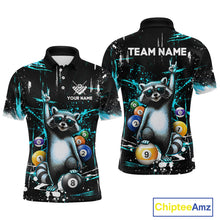Load image into Gallery viewer, Polo shirt with raccoon design and billiard balls, customizable text on a black background.
