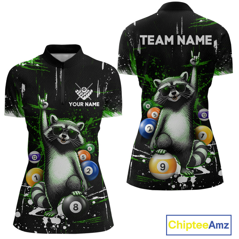 Polo shirt with raccoon design and customizable text on a black background