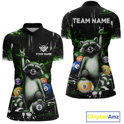 Polo shirt with raccoon design and customizable text on a black background