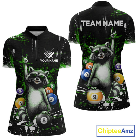 Polo shirt with raccoon design and customizable text on a black background