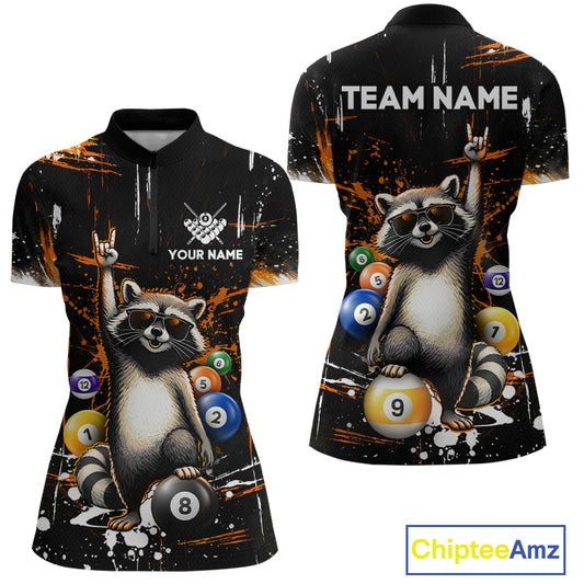 Quarter-zip shirt with raccoon design and customizable text on a black background