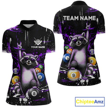 Load image into Gallery viewer, Black quarter-zip shirt with a raccoon design holding pool balls, customizable text, and Chiptee Amz branding.