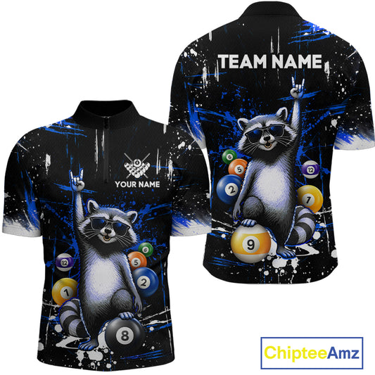 Black polo shirt with raccoon design and customizable text on a white background