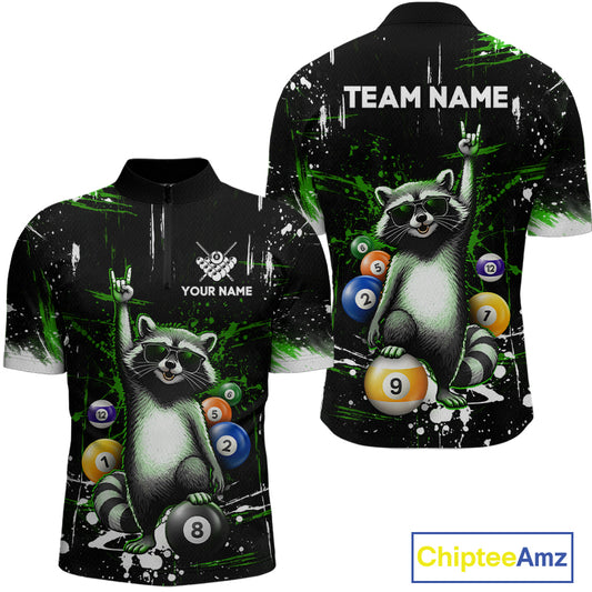 Black sports jersey with raccoon design and customizable text on a white background