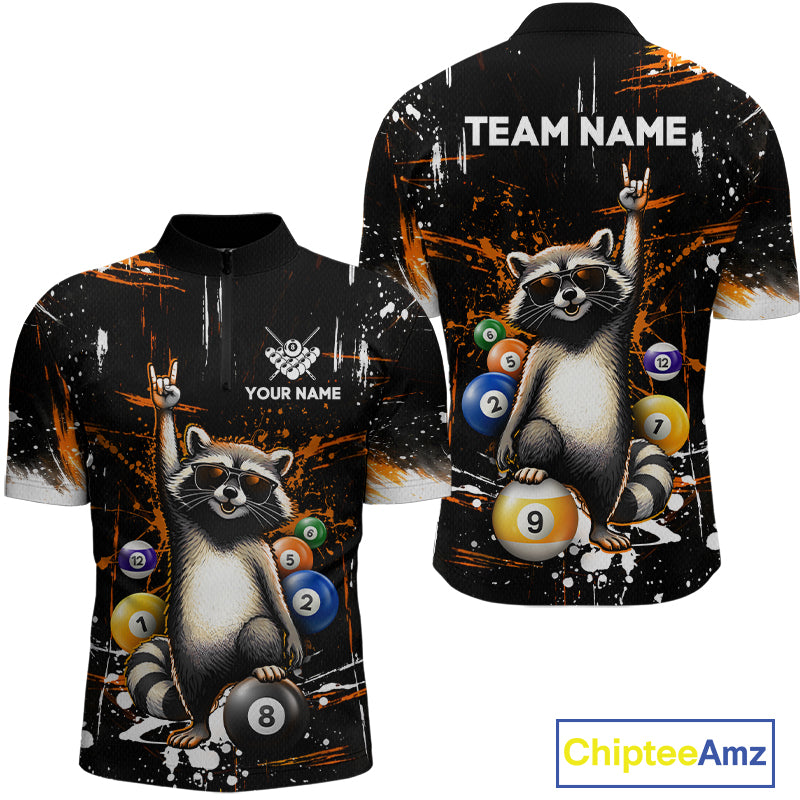 Black shirt with raccoon design and pool balls, customizable text, and Chiptee Amz branding.