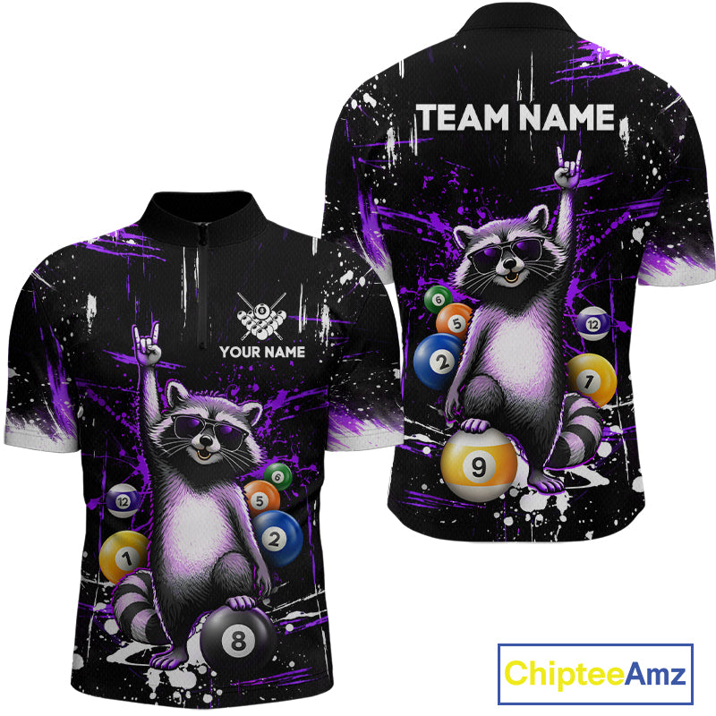 Black and purple quarter-zip shirt with raccoon design and pool balls, customizable text on a white background