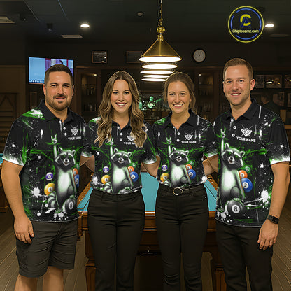 Four people wearing matching shirts with a raccoon and bowling ball design in a casual setting.