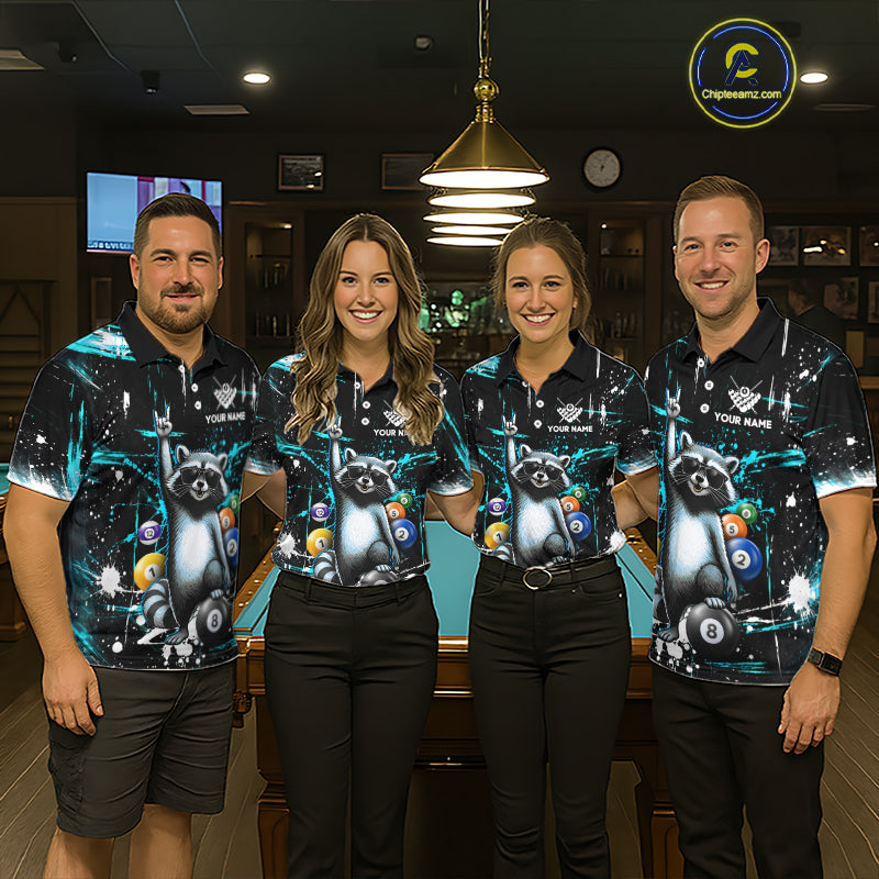 Custom Turquoise Funny Raccoon Billiard Shirt for Men 8 Ball & 9 Ball Pool Billiard Jersey Polo & 1/4-Zip BHT44