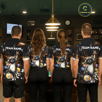 Four people wearing matching shirts with raccoon and pool ball designs in a room with a pool table.