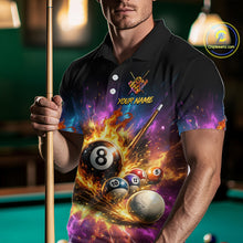 Load image into Gallery viewer, Person wearing a colorful pool-themed shirt with a pool cue, set against a pool table background.