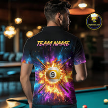 Load image into Gallery viewer, Person wearing a colorful shirt with a pool ball design and 'Team Name' text, in a bar setting.