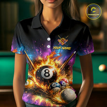 Load image into Gallery viewer, Person wearing a black polo shirt with a colorful billiards design and 'Your Name' text.