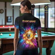 Load image into Gallery viewer, Person wearing a colorful shirt with a 9-ball design in a pool hall.