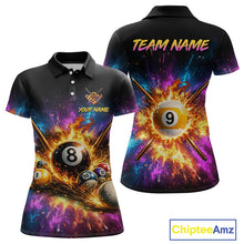 Load image into Gallery viewer, Black polo shirt with colorful pool ball design on front and back, featuring 'Team Name' and 'Your Name' text.