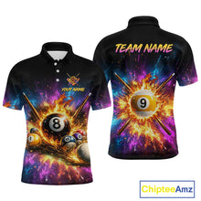 Load image into Gallery viewer, Black polo shirt with colorful pool ball design on a white background, featuring 'Chiptee Amz' branding.