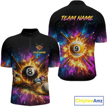 Load image into Gallery viewer, Black sports jersey with billiards design on front and back, featuring 'Team Name' and 'Your Name' text.