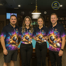 Load image into Gallery viewer, Four people wearing matching polo shirts with a colorful design in a bar setting.