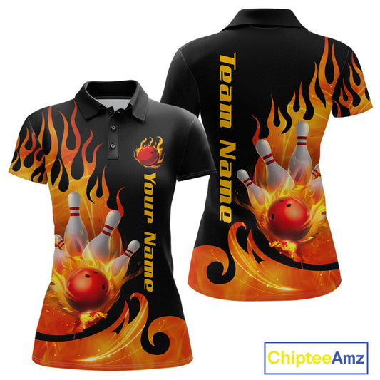 Orange Flame Bowling Team Shirt for Women Bowling League Jersey Polo & 1/4 Zip Bowling Outfit QZT782