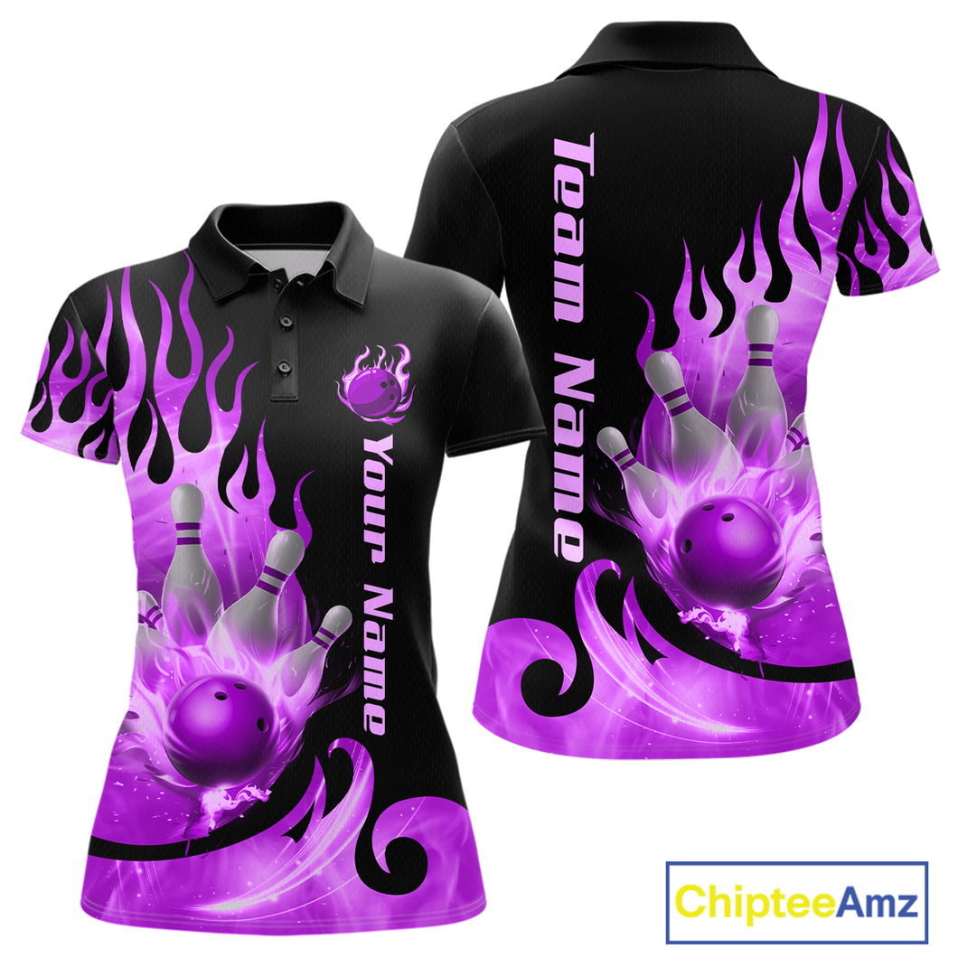 Purple Flame Bowling Team Shirt for Women Bowling League Jersey Polo & 1/4 Zip Bowling Outfit QZT782