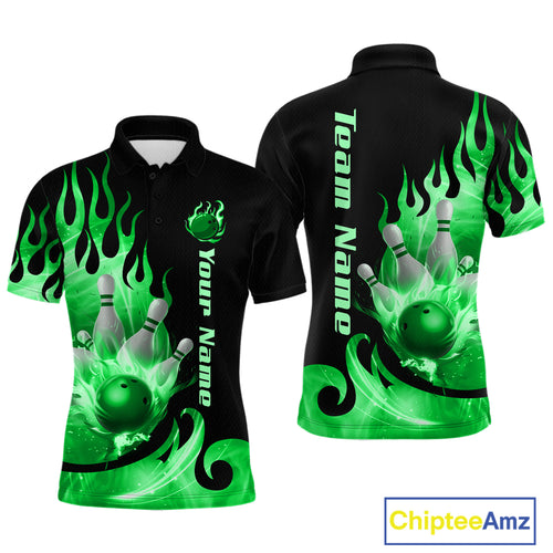Green Flame Bowling Team Shirt for Men Bowling League Jersey Polo & 1/4 Zip Bowling Outfit QZT782